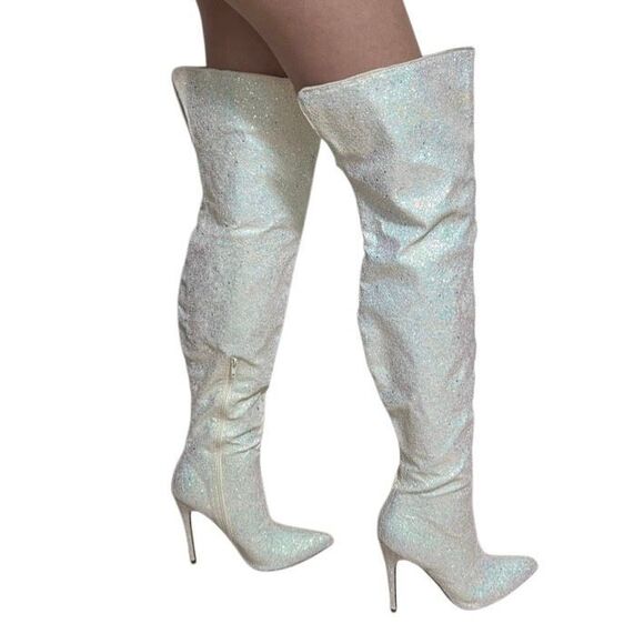 NWT Fashion Nova Just Add Glitter Valentina Over The Knee Boots Size 9 White - Picture 1 of 12